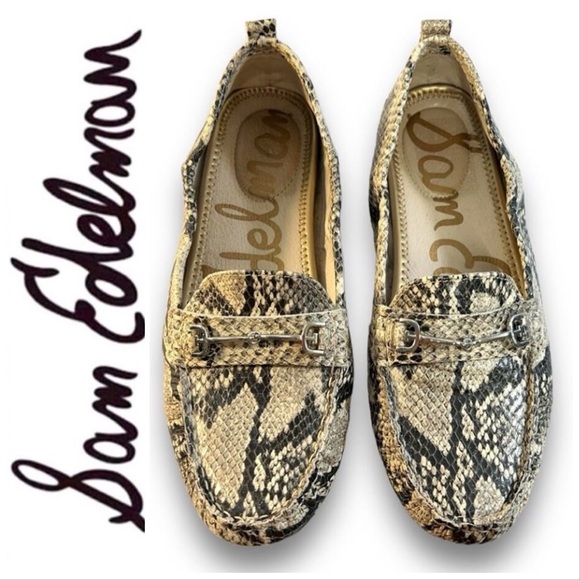 SAME EDELMAN Beige & Black Leather Reptile Embossed Driving Loafers SZ 7M - Picture 11 of 11